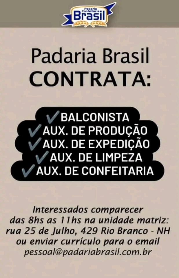 Vagas da Padaria Brasil - NH