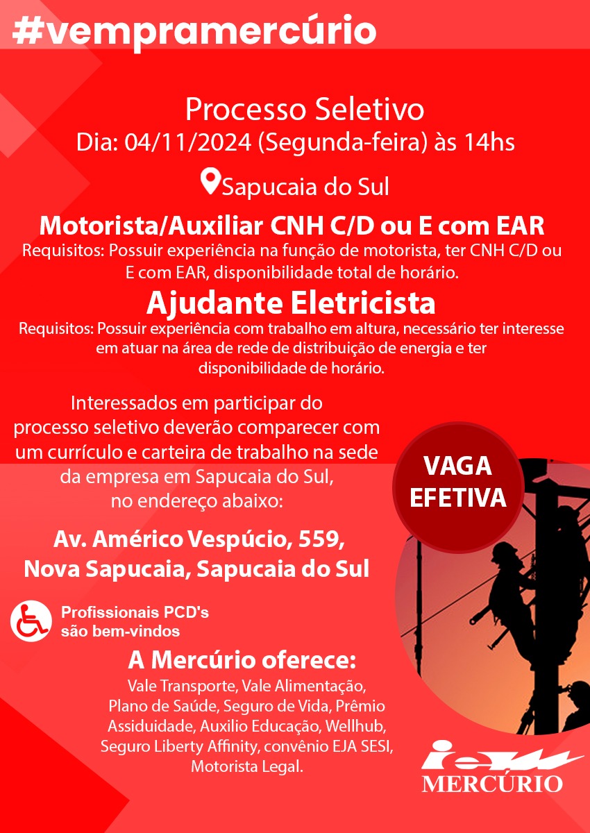 Ajudante de eletricista e motorista - Sapucaia 