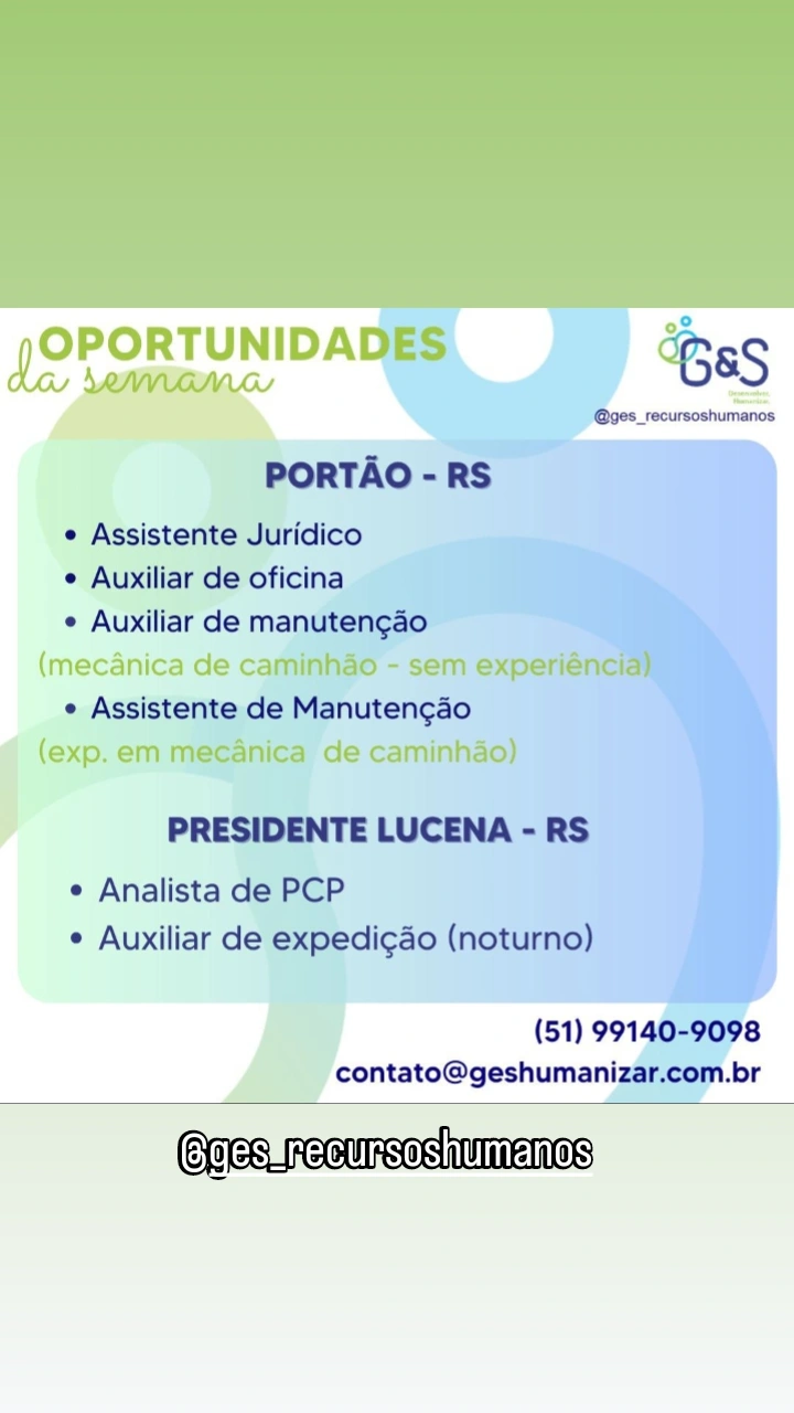 Vagas da Agência G&S Recursos Humanos 